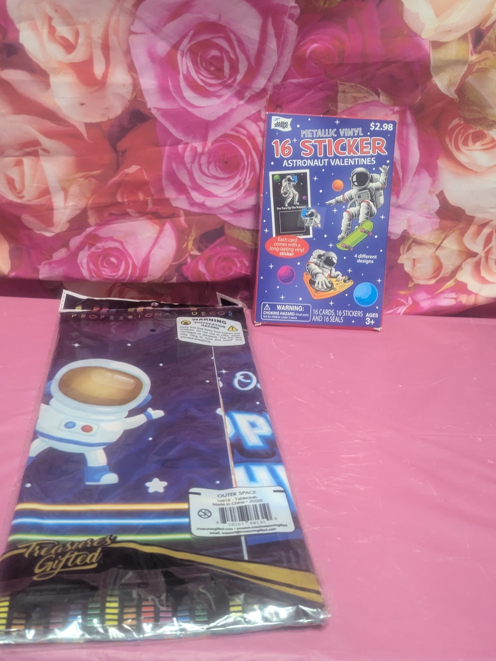 Astronaut Valentine Sticker Pack and Space Party Tablecloth - Blue/Purple